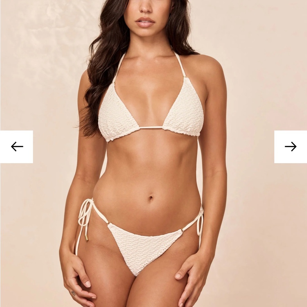 Monday Swimwear Hanalei top and Le Marais bottoms in ivory crochet never